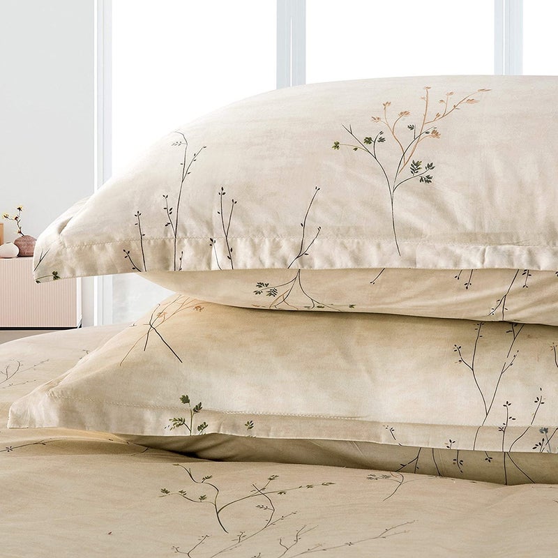 Eikei Modern Vintage Retro Mod Print Bedding Egyptian Cotton Duvet Cover Set Minimalist Chic Botanical Design Asian Zen Style Reversible Pattern in Full Queen or King Size (King, Neutral Tan) - Image 5